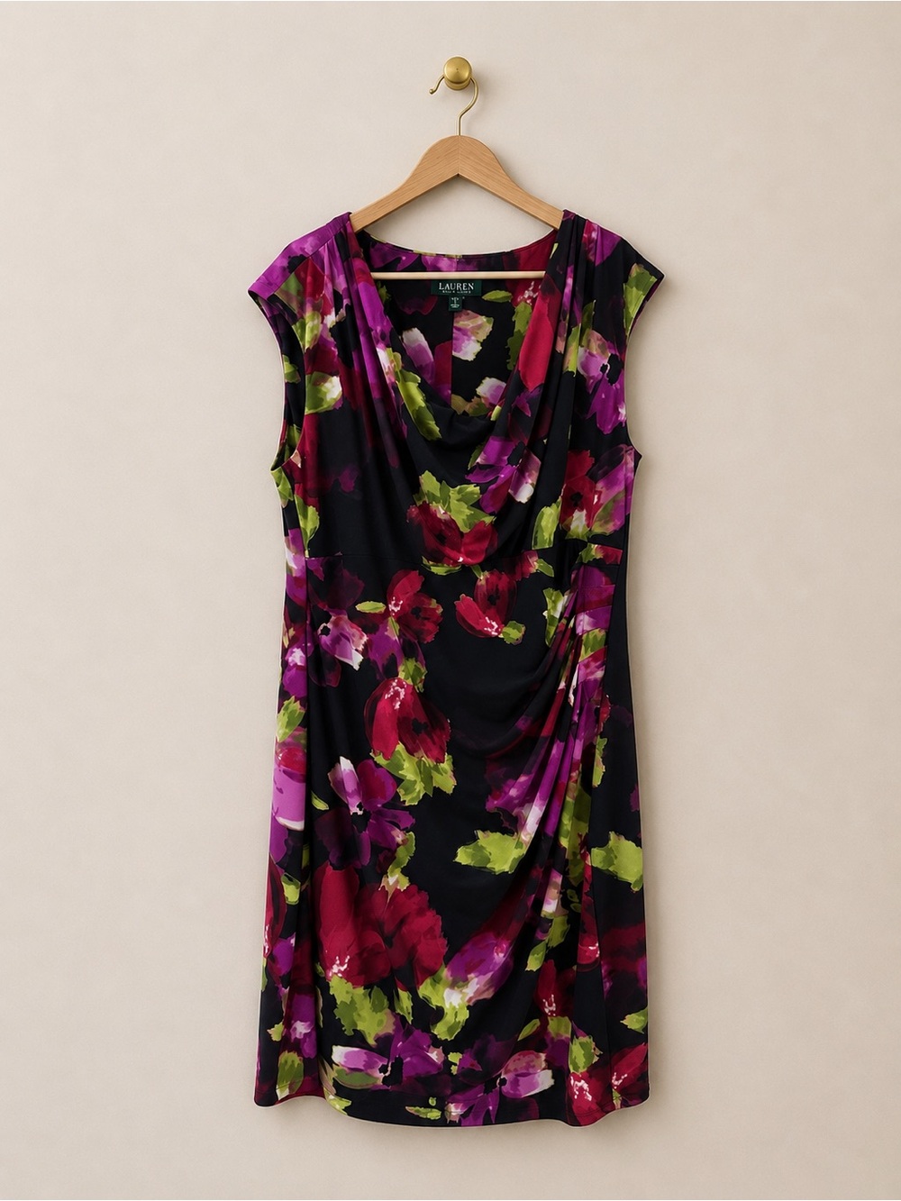Lauren Ralph Lauren 18W Floral Cowl Neck Ruched Midi Dress